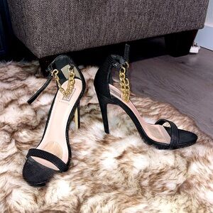 Black heels gold chain ankle strap